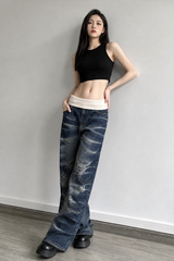 Washed Distressed Sporty Waist Wide Leg Jeans