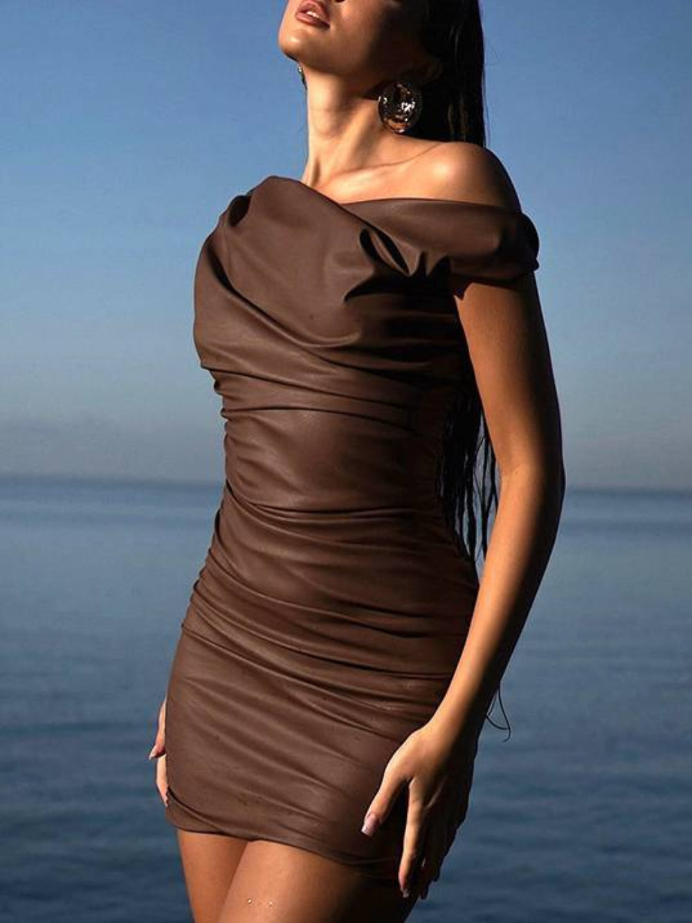 Imitation Leather Asymmetrical Shoulder Fold Mini Dress