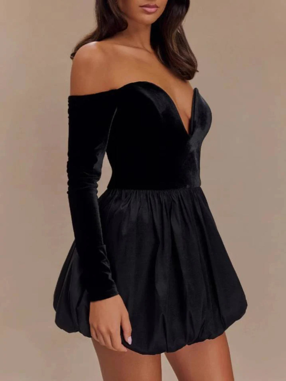 Long Sleeve Sexy Deep V Puff Mini Dress