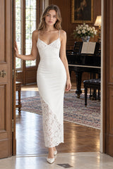 Lace Panel V Neck Cutout Back Tie Evening Slip Dress