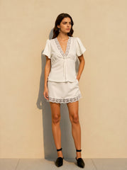 Satin Silk-Like Lace V-Neck Waist Tie Skirt Set