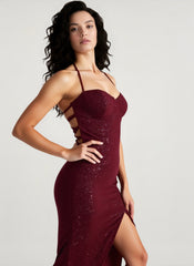Solid Plunging Backless Slit Fitted Maxi Party Dress