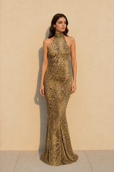 Leopard Halter Tie Back Asymmetrical Maxi Dress