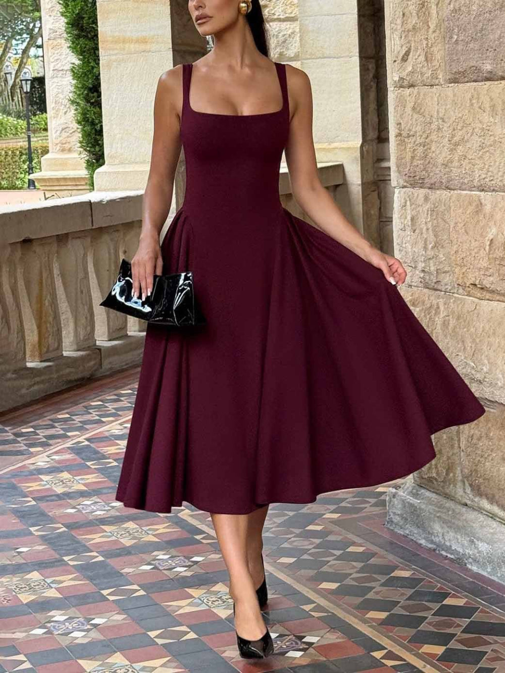 Retro Square Neck Slim Elegant Midi Dress