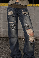 Rivet Spliced Ripped Vintage Washed Jeans