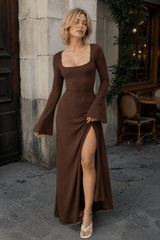 Elegant Fitted Long Sleeve Square Neck A-Line Party Dress