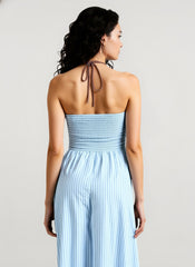 Deep V Neck Striped Backless Maxi Dress
