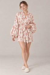 Satin Floral Print Puff Tie A Line Mini Dress