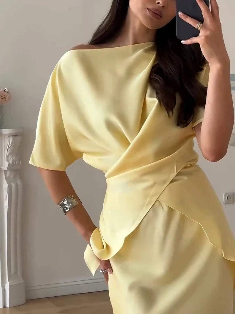 Asymmetric Drape Satin Blouse