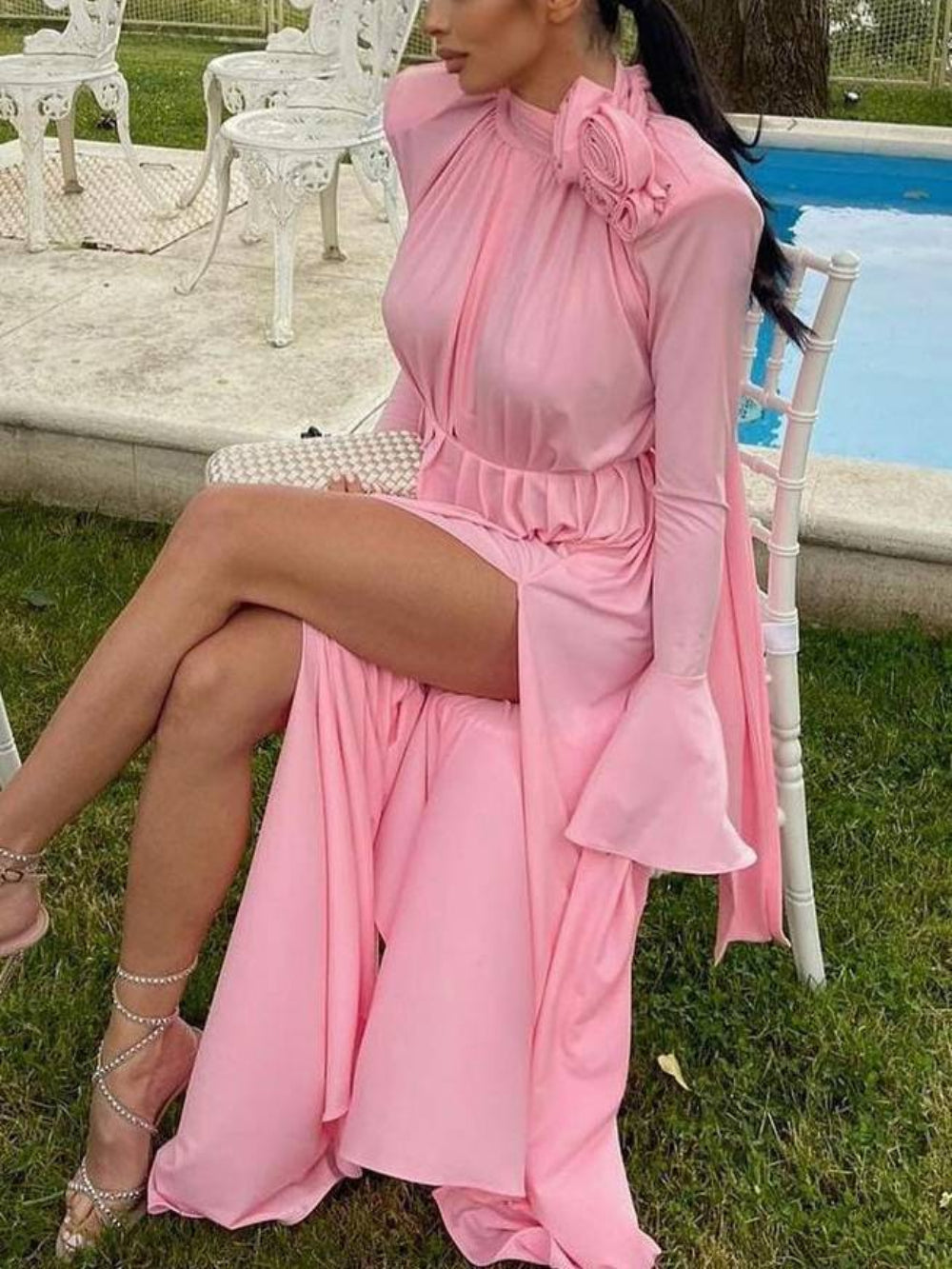 Hollow Deep V Halter Ruched Draped 3D Flower Maxi Dress