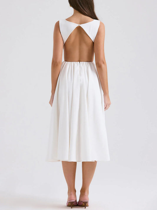 Stylish Elegant Solid Color Round Neck Backless Midi Dress