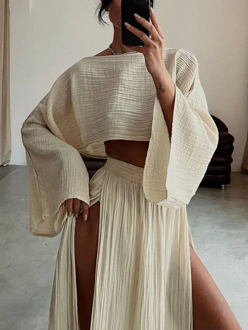 Slit Wide Leg Pants Two-piece Set