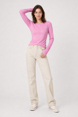 White Crew Neck Knit Panel Long Sleeve Tee