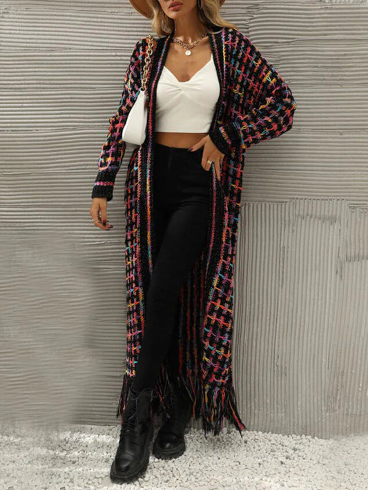 Plaid Fringe Cardigan Sweater