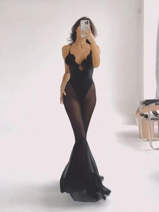 Deep V-Neck Backless Mesh Jumpsuit