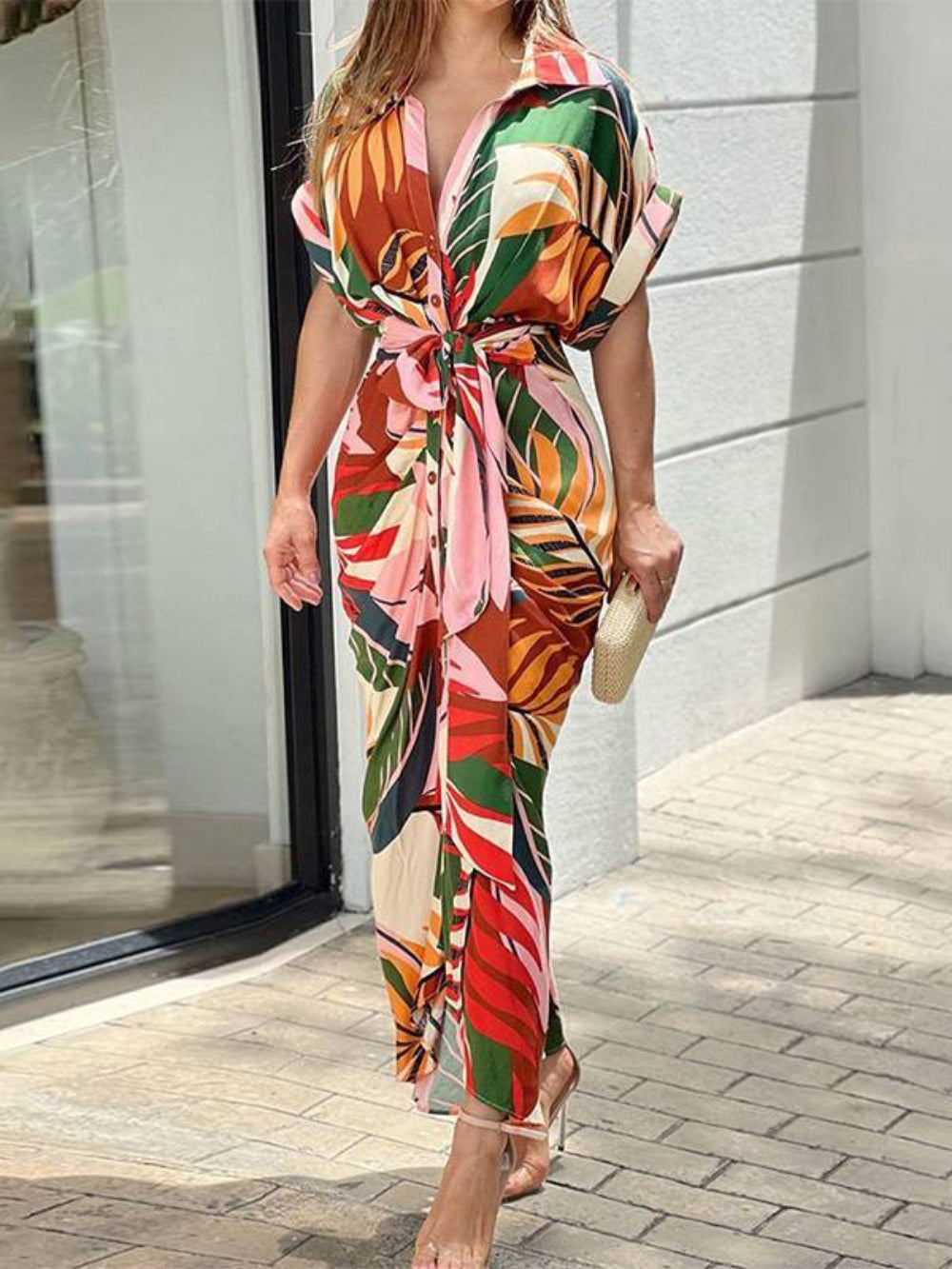 Pleated Belted Short Sleeve Dress