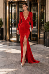 Deep V High Slit Long Sleeve Maxi Dress