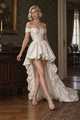Satin Off Shoulder High Low Reception Dress