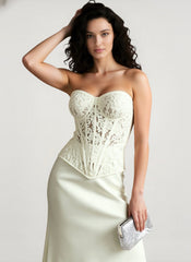 Vintage Lace Strapless Boned Solid Fitted Bodycon Maxi Dress