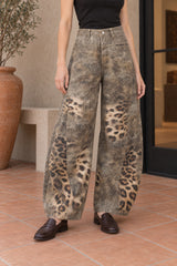 Brown Leopard Panel Barrel Jeans