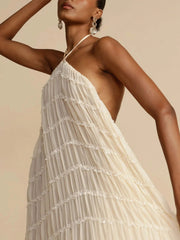 Charming Pleated Drawstring Waist Tiered Halterneck Dress