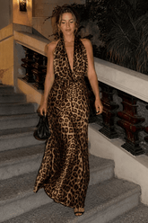 Halter Deep V Backless Leopard Print Tie Maxi Dress