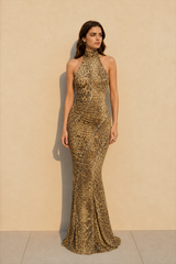 Leopard Halter Tie Back Asymmetrical Maxi Dress