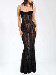 Leopard Print Sheer Plunge Bodycon Cami Dress