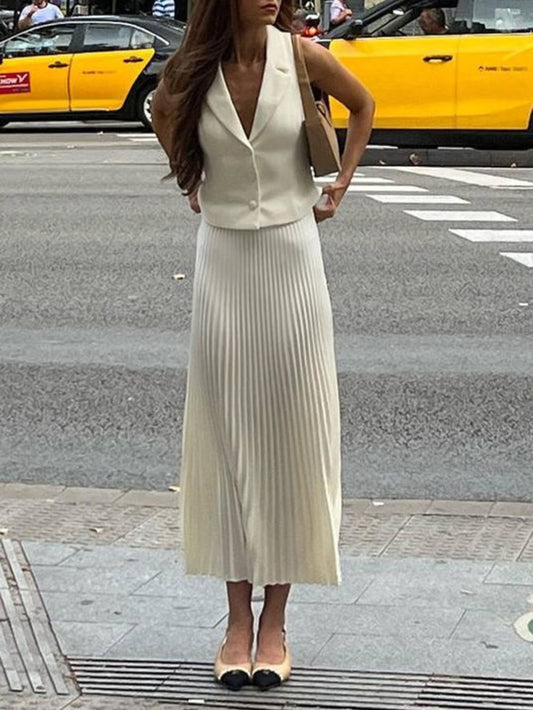 Suit Collar Vest Pleated Skirt Set