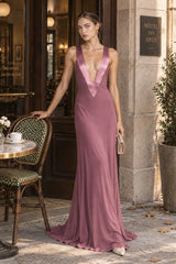 Deep V Satin Backless Maxi Dress