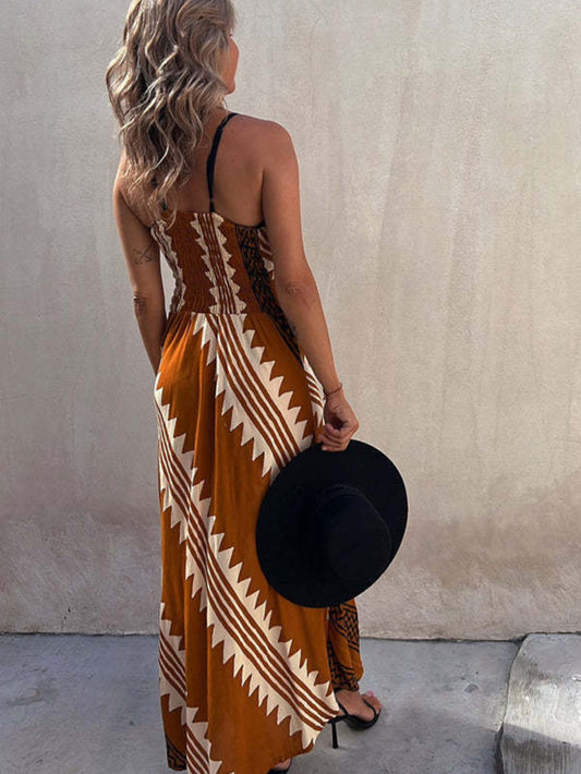 Exclusive Melody Satin Ethnic Print Smocked Back Dress