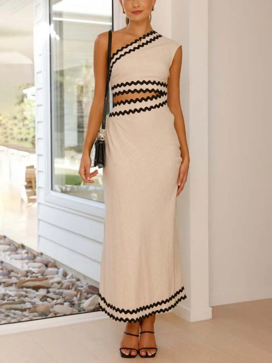 Elegant Slant Neck Lace-Pattern Dress