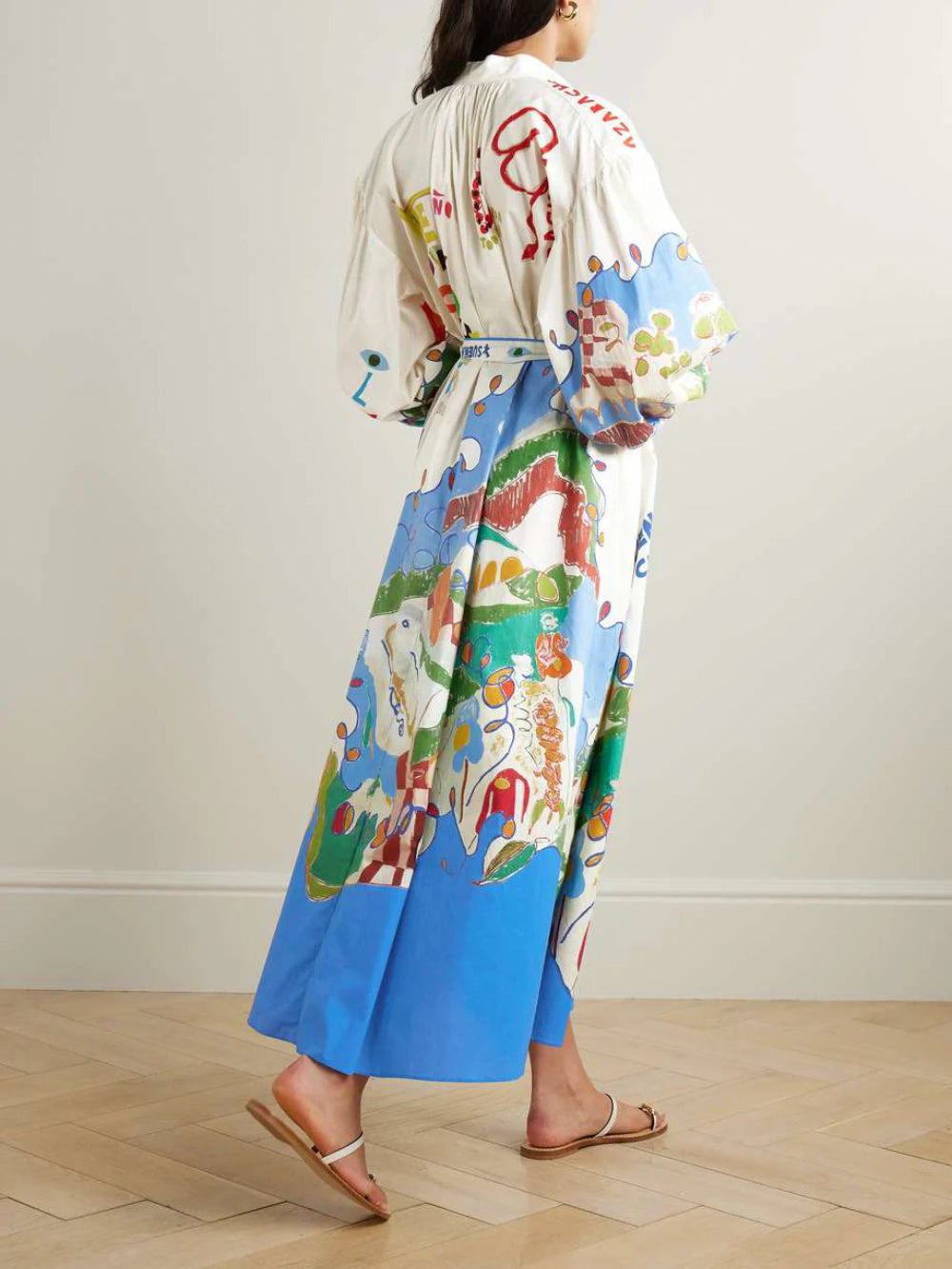 Button-Down Lantern Sleeve Graffiti Print Waist-Tied Dress