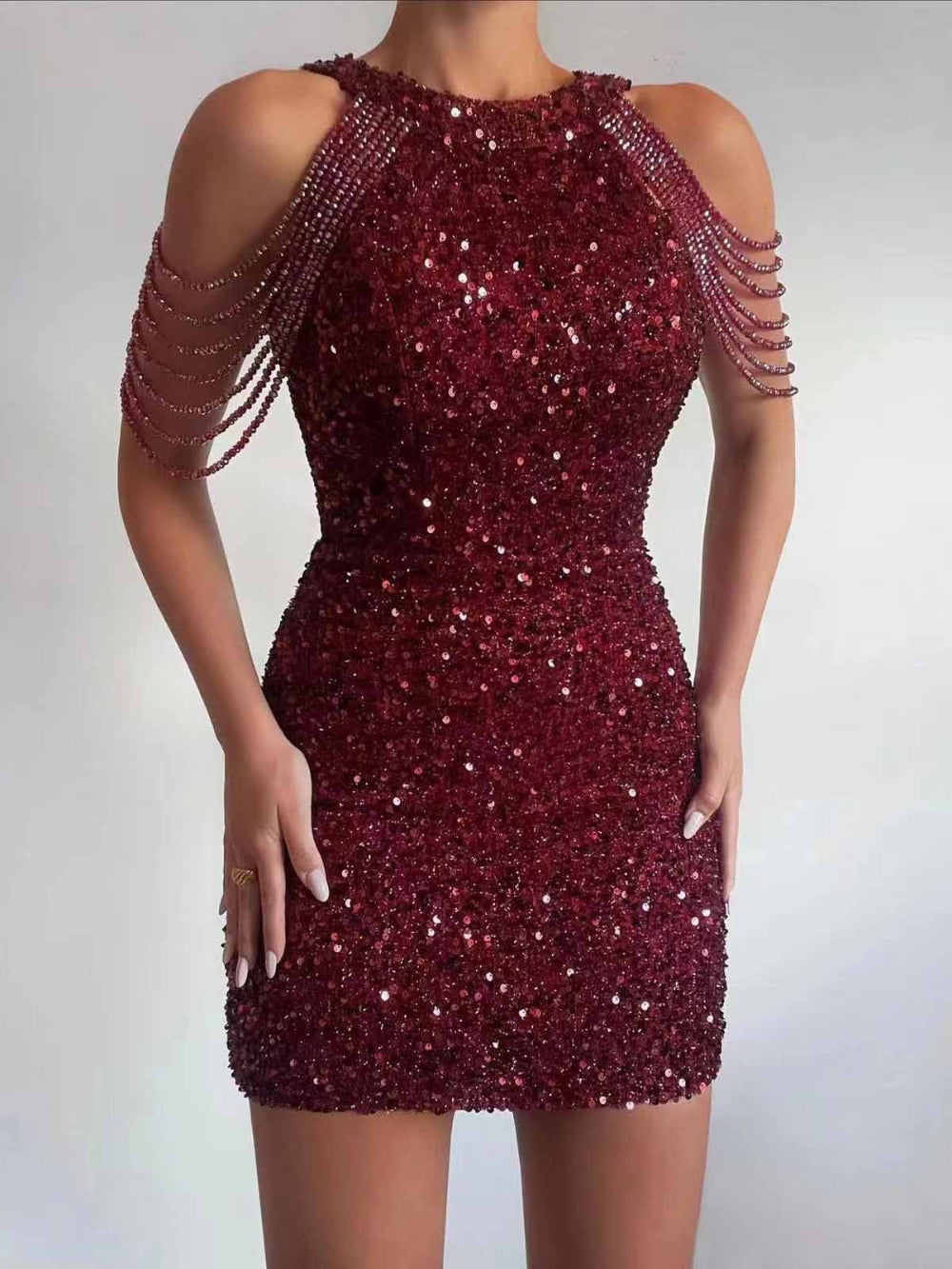Elegant Crystal Chain Embellished Sequin Dress