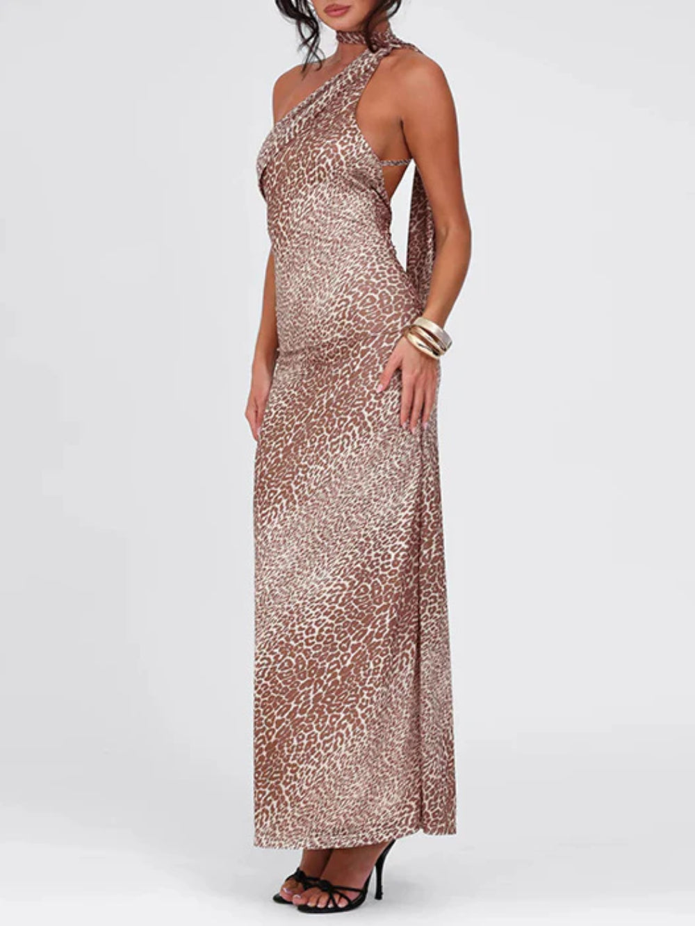 Sleeveless Halter Asymmetric Fitted Leopard Dress