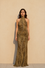 Leopard Halter Tie Back Asymmetrical Maxi Dress