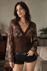 Vintage Floral Print V-neck Slim Sexy Long Sleeve Tee