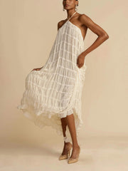 Charming Pleated Drawstring Waist Tiered Halterneck Dress