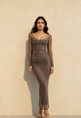 Mesh Lace Patchwork Boned Fitted High Slit Elegant Maxi Dress
