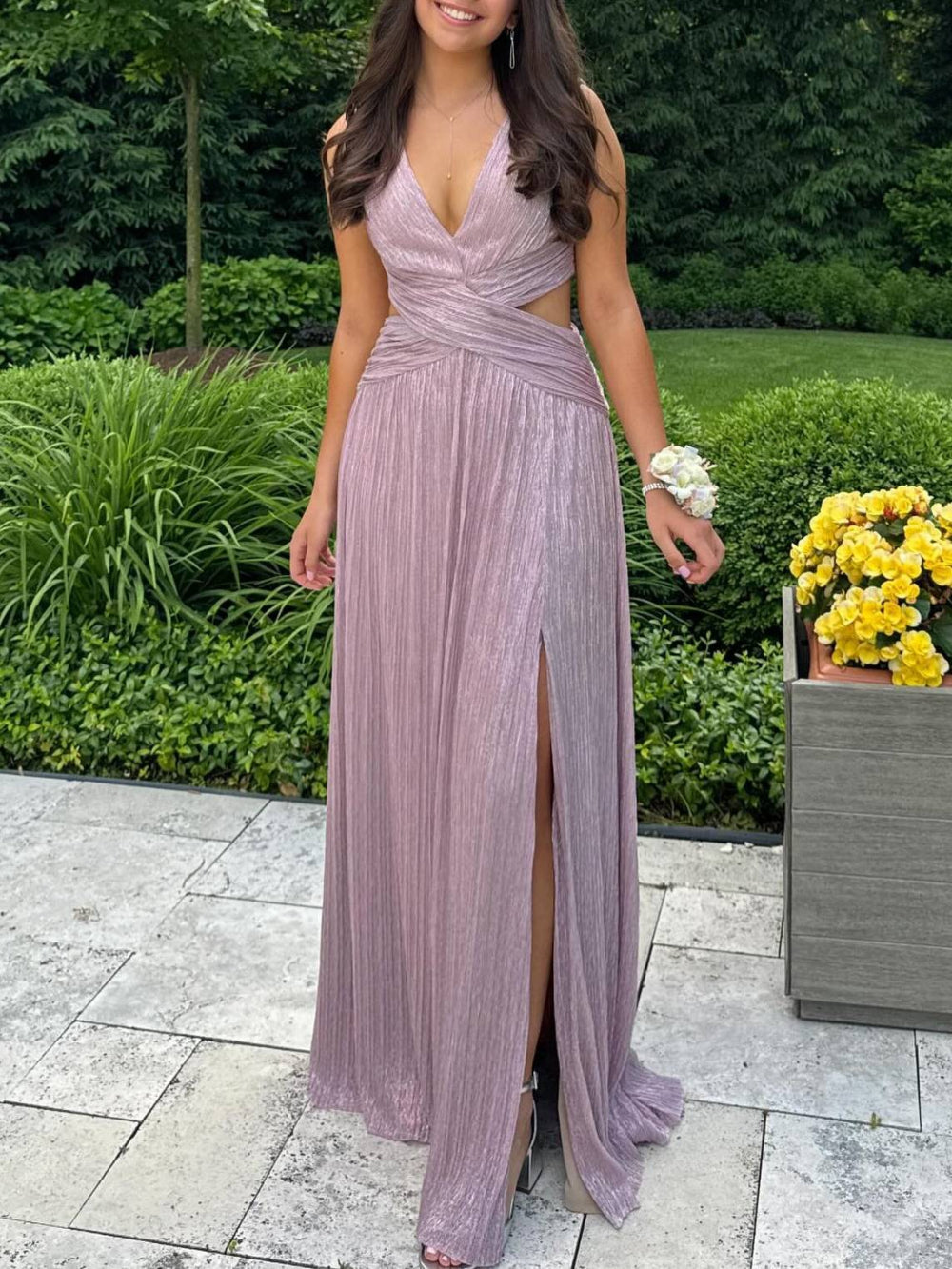 V-Neck Waist-Tied Slit Flared Sparkling Gown