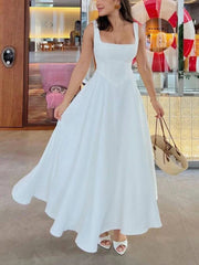 Sling Square Collar Elegant Large Swing Midi Dress