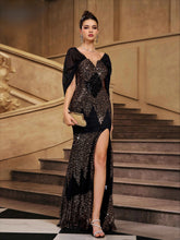 Sequin Bat Sleeve Split Evening Gown