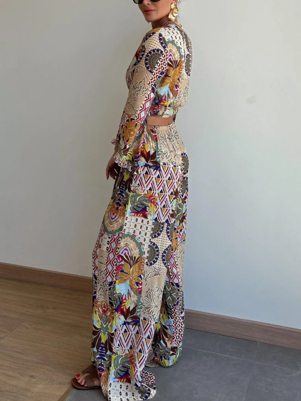 Retro Plant Print High-Waisted Wide-Leg Pants