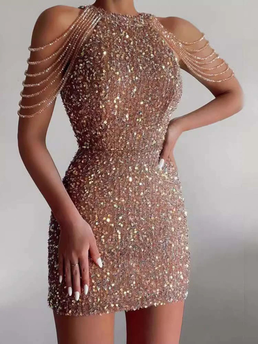 Elegant Crystal Chain Embellished Sequin Dress