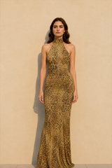 Leopard Halter Tie Back Asymmetrical Maxi Dress