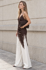 Satin Slip Dress Lace Panel Side Slit Cami Top