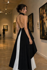 Halter Black White Contrast Pleated Prom Dress