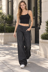Drawstring Ruched Wide Leg Jeans
