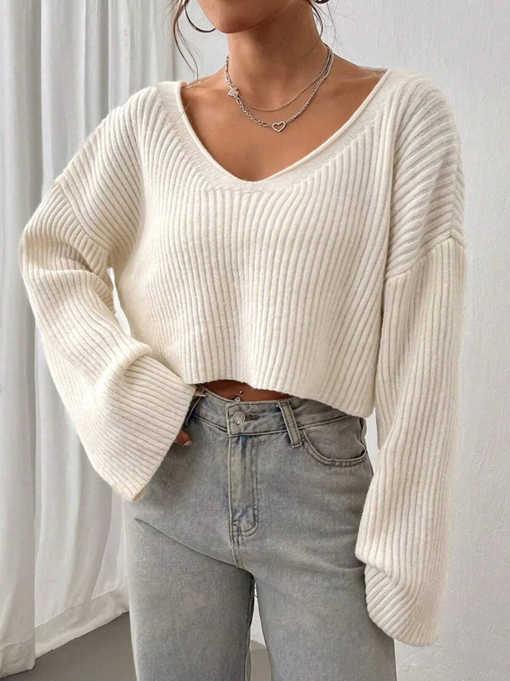 Solid V-Neck 3D Texture Knitted Sweater