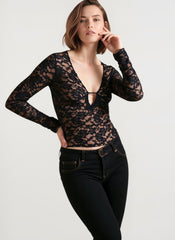 Sexy Lace Deep V Sheer Long Sleeve Blouse